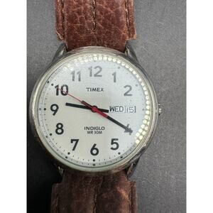 Timex Indiglo WR 30M Date Window Easy Reader Men's Watch Silver Tone Brown Band